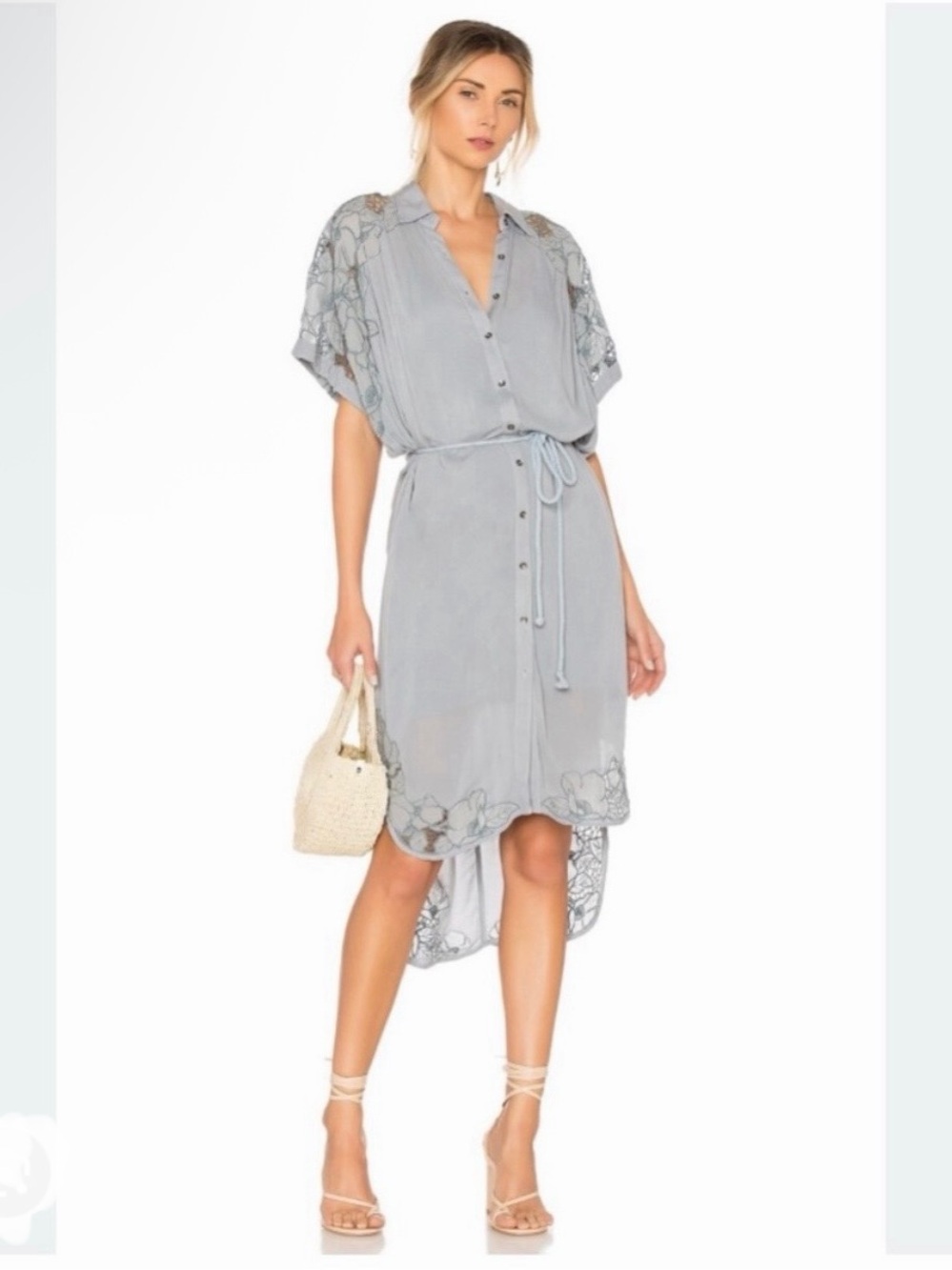 Free People Cut It Out embroidered shirt dress tie waist blue chambray, size XS